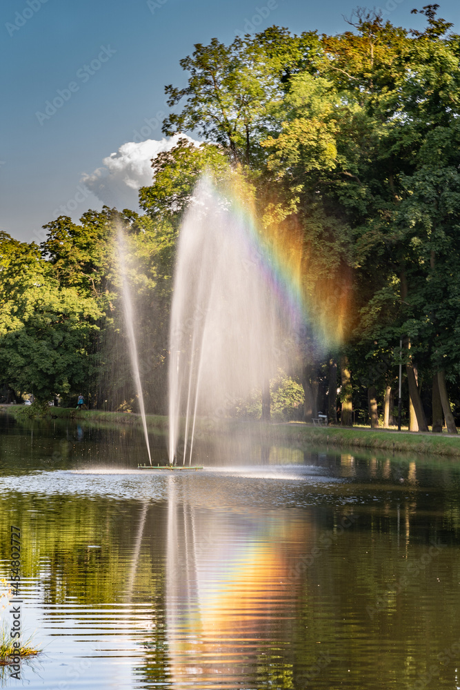 Rainbow over the fountain.
