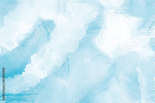 Blue abstract watercolor background. Vector light sky texture. Pattern of clouds with watercolor paints on white paper. Air summer design banner. Pale sea background