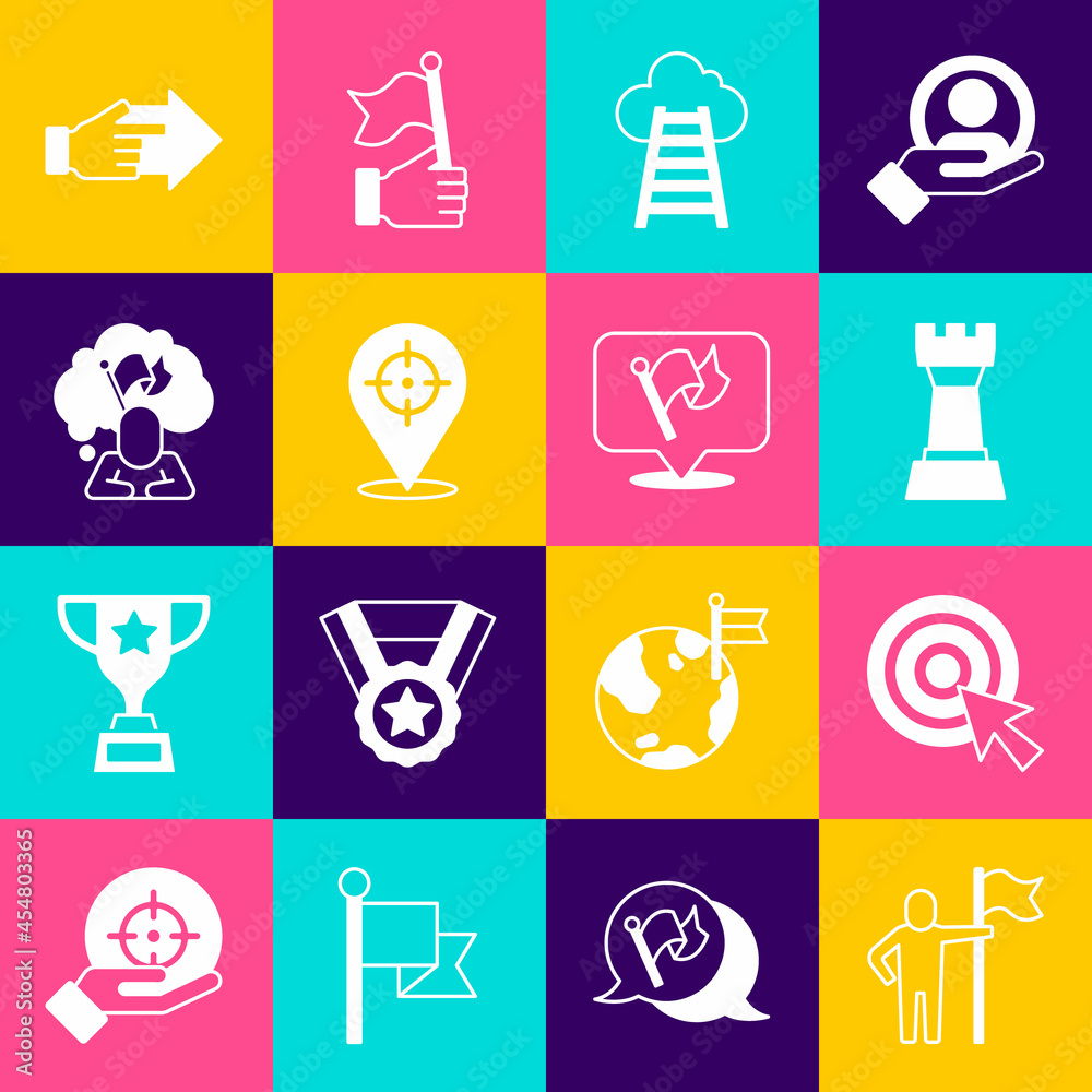 Set Man holding flag, Target with arrow, Chess, Stair finish, Hand pointing finger and Flag icon. Vector