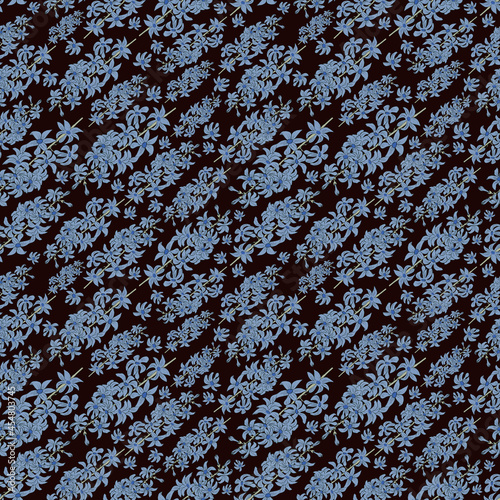 Seamless botanical dark pattern with blue geacinths
