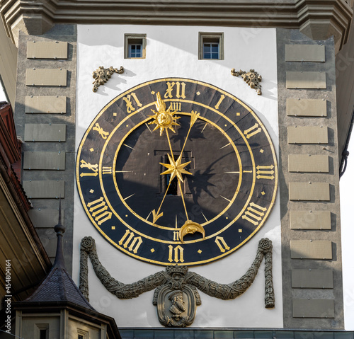 Detail of the Clock on the Eastern Facade of Zytglogge - Medieval Tower Clock - Bern, Switzerland photo