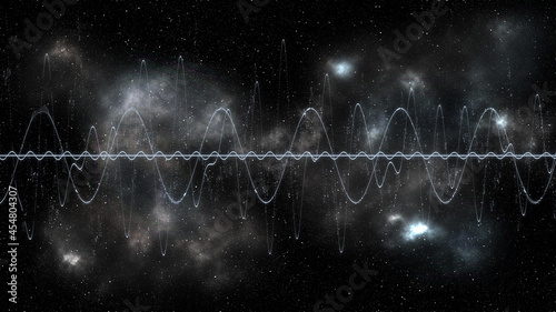 Sci-fi concept image illustration. Unknown origin radio signal waves coming out from deep cosmos space in white nebula and millions stars with galaxies universe background photo