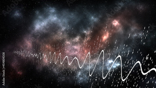 Sci-fi concept image illustration. Unknown origin radio signal waves coming out from deep cosmos space in colorful nebula and millions stars with galaxies universe background