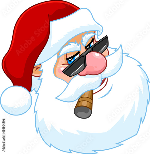 Bad Santa Claus Face Portrait Cartoon Character With Sunglasses Smoking Cigar. Vector Hand Drawn Illustration Isolated On Transparent Background