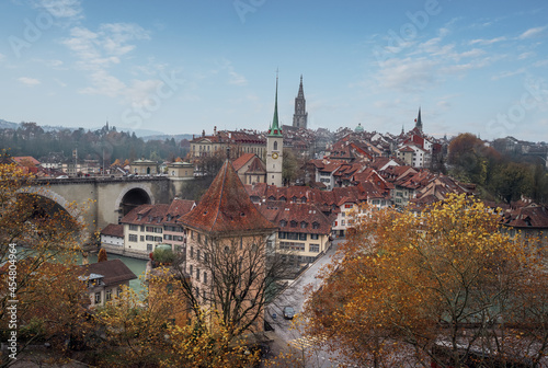 Bern Skyline with Old Town landmarks - the Bern Minster,  Nydeggkirche Church and Felsenburg Tower - Bern, Switzerland photo