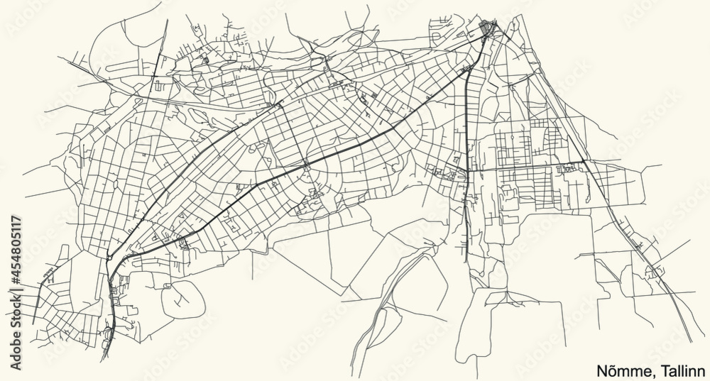 Detailed navigation urban street roads map on vintage beige background of the Tallinner quarter Nõmme district of the Estonian capital city of Tallinn, Estonia