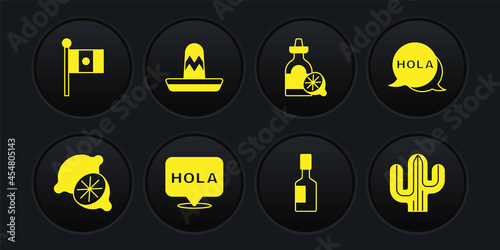 Set Lime, Hola, Tabasco sauce, Tequila bottle with lemon, Mexican sombrero, Cactus and Mexico flag icon. Vector