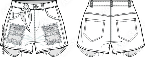 Women ripped denim short pant jeans front and back view fashion flat sketch vector illustration