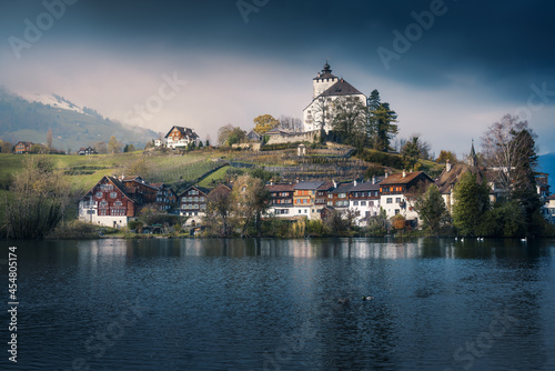 Skyline of Buchs with Werdenberg Castle and Werdenberg Lake - Buchs, Switzerland photo