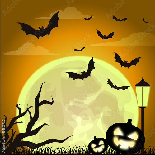 halloween moon, bats and lantern