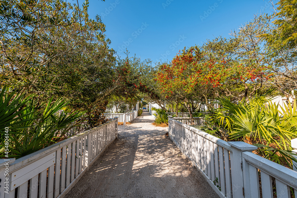 White sand path beach wooden architecture way path with green plants along sidewalk for retirement or vacation real estate in Seaside, Florida
