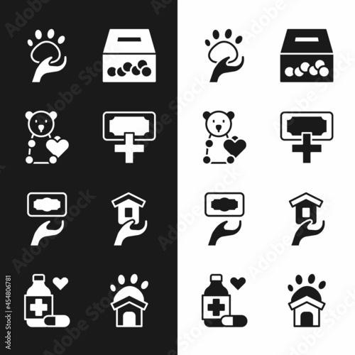 Set Donation and charity, Donate child toys, Animal volunteer, Shelter for homeless, shelter house and Medicine bottle pills icon. Vector