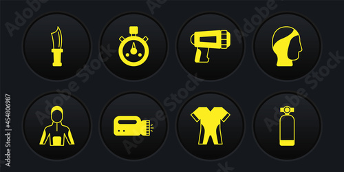 Set Wetsuit for scuba diving, Diving hood, Flashlight diver, Stopwatch, Aqualung and knife icon. Vector