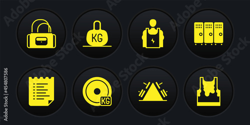 Set Sport training program, Locker changing room, Weight plate, Metal rack with weight, Bodybuilder, Sweaty sleeveless t-shirt and bag icon. Vector