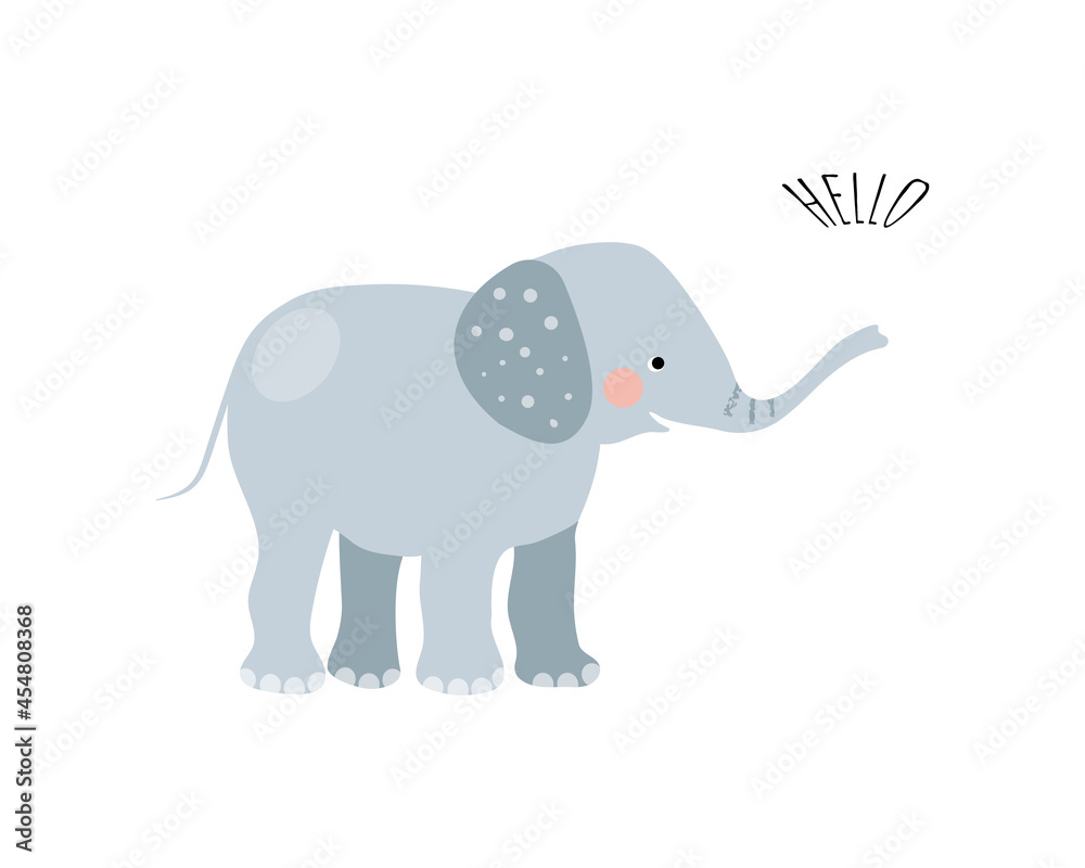 Cute elephant in simple hand drawn style. Elephant isolated on a white background. Print for t-shirt. 