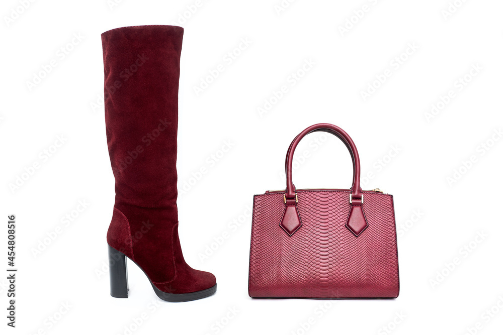High heel winter woman boots suede leather with purse handbag isolated on white background