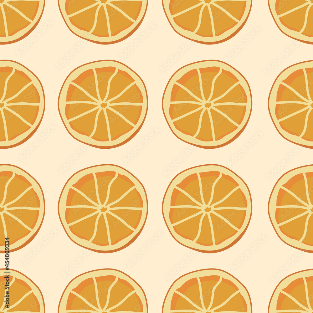 Seamless pattern with oranges on a beige background. Citrus slices. For wallpaper, decor, invitations, fabric, textiles and printing, web page backgrounds, gift and packaging paper. Seamless pattern with oranges on a beige background. Citrus slices. For wallpaper, decor, invitations, fabric, textiles and printing, web page backgrounds, gift and packaging paper.