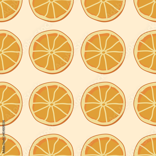 Seamless pattern with oranges on a beige background. Citrus slices. For wallpaper, decor, invitations, fabric, textiles and printing, web page backgrounds, gift and packaging paper.