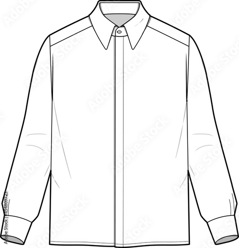hidden button shirt unisex long sleeve invisible button placket shirt, men and women fashion apparel vector template isolated on white background
