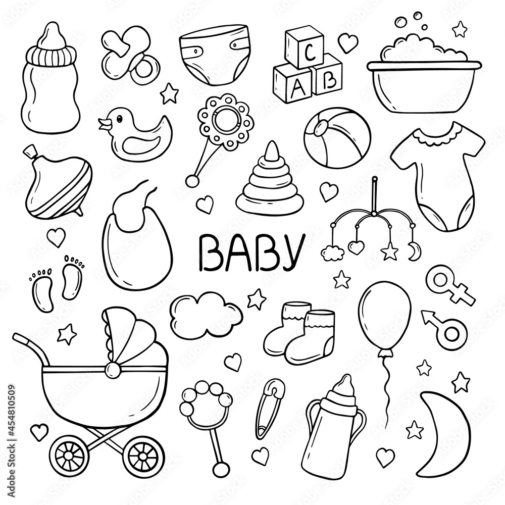 Funny characters and doodles collection. Vector illustration. for the  design of t-shirts, children s clothing, fabrics, games, applications, the  idea of a soft toy, the design of dishes and mugs Stock Vector