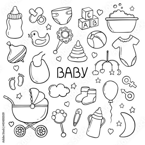 Set of baby doodle. Baby toys,  clothes, milk bottle, ball, bib, apron,  food, balloon in sketch style. For banner, print, greeting cards. Hand drawn vector illustration isolated on white background.