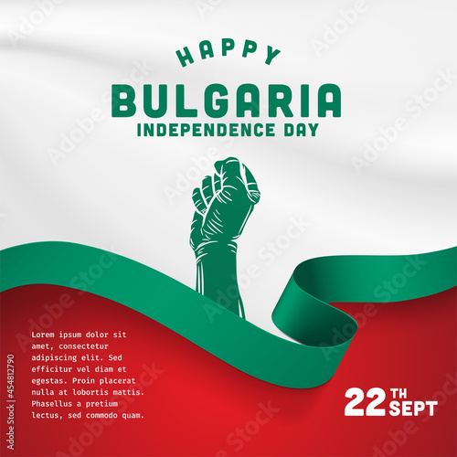 Square Banner illustration of Bulgaria independence day celebration. Waving flag and hands clenched. Vector illustration.