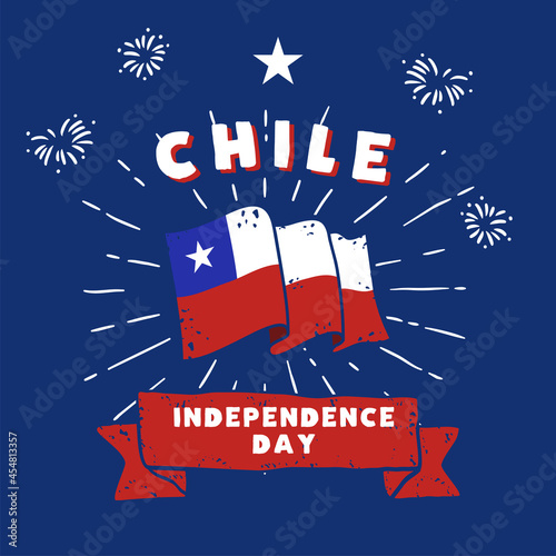 Square Banner illustration of Chile independence day celebration. Waving flag and hands clenched. Vector illustration.