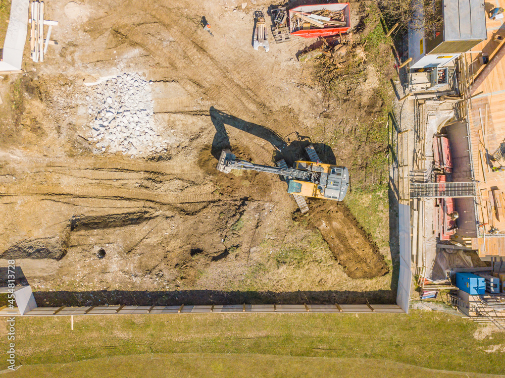 Aerial view of excavator on construction site