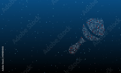 On the right is the baby rattle symbol filled with white dots. Background pattern from dots and circles of different shades. Vector illustration on blue background with stars