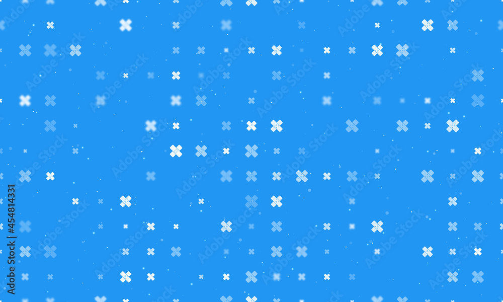 Seamless background pattern of evenly spaced white adhesive plaster symbols of different sizes and opacity. Vector illustration on blue background with stars