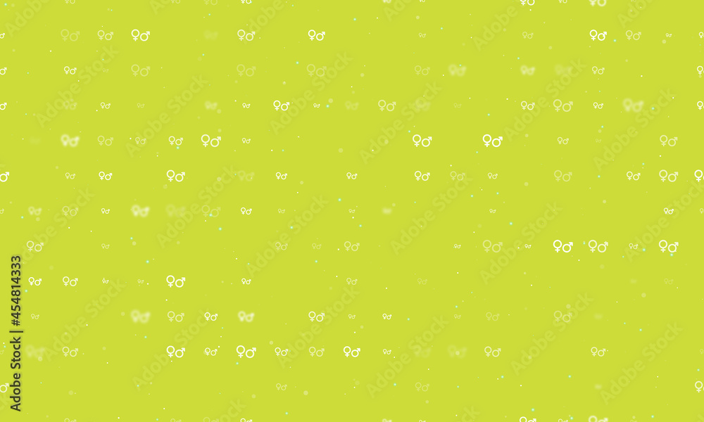 Seamless background pattern of evenly spaced white gender symbols of different sizes and opacity. Vector illustration on lime background with stars Seamless background pattern of evenly spaced white gender symbols of different sizes and opacity. Vector illustration on lime background with stars