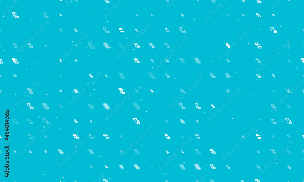 Seamless background pattern of evenly spaced white videoconference symbols of different sizes and opacity. Vector illustration on cyan background with stars Seamless background pattern of evenly spaced white videoconference symbols of different sizes and opacity. Vector illustration on cyan background with stars