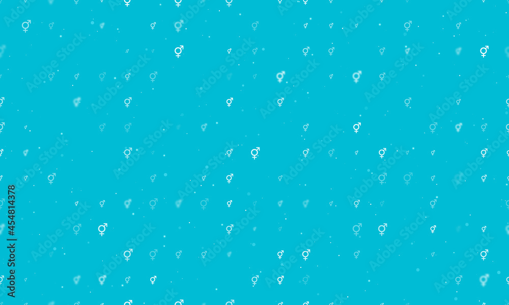 Seamless background pattern of evenly spaced white bigender symbols of different sizes and opacity. Vector illustration on cyan background with stars
