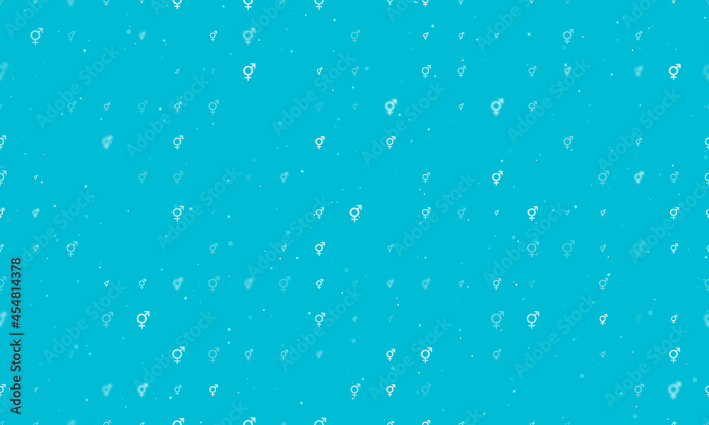 Seamless background pattern of evenly spaced white bigender symbols of different sizes and opacity. Vector illustration on cyan background with stars Seamless background pattern of evenly spaced white bigender symbols of different sizes and opacity. Vector illustration on cyan background with stars