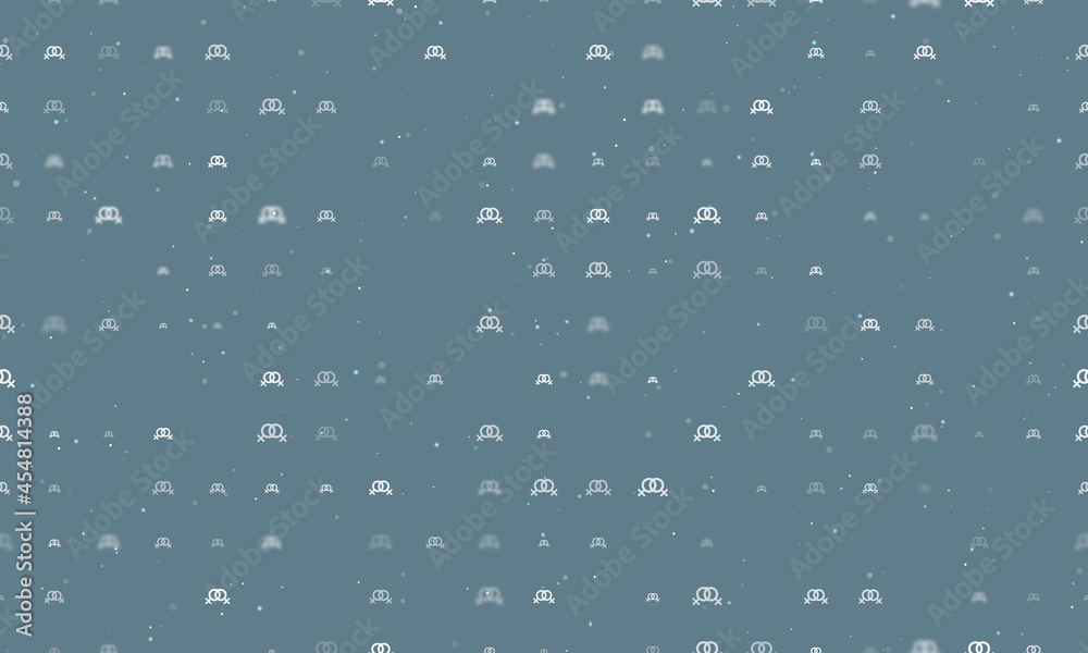 Seamless background pattern of evenly spaced white lesbian symbols of different sizes and opacity. Vector illustration on blue grey background with stars