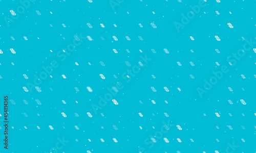 Seamless background pattern of evenly spaced white videoconference symbols of different sizes and opacity. Vector illustration on cyan background with stars