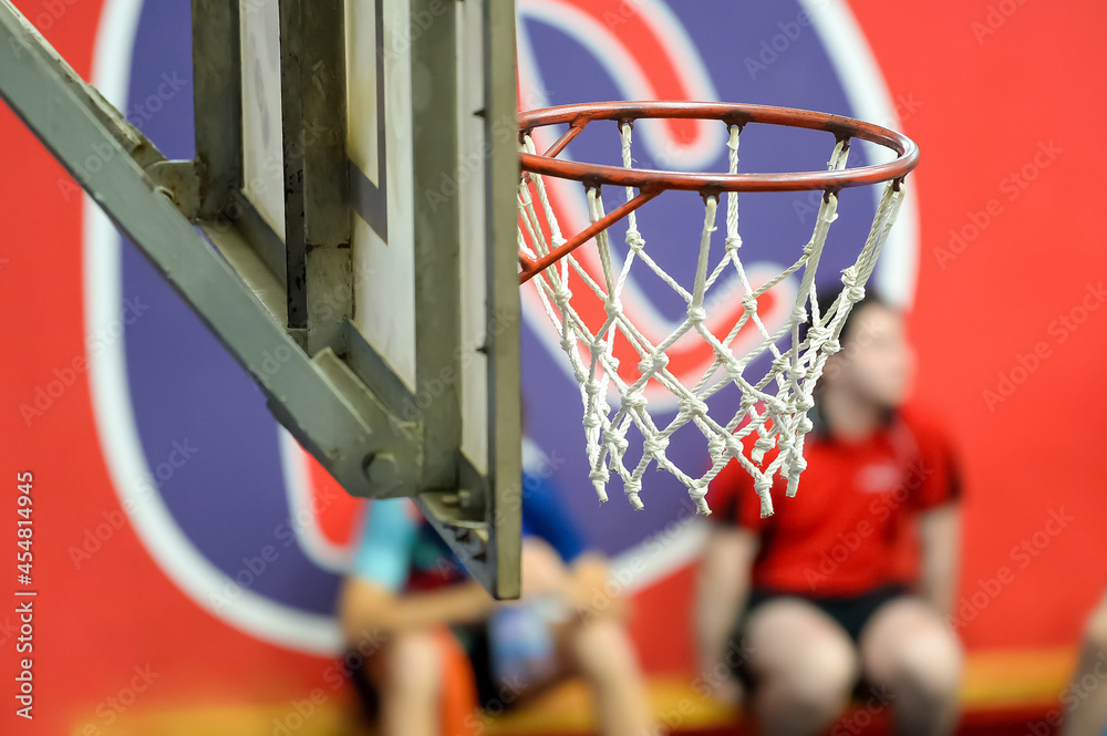 Old basketball hoop close up.