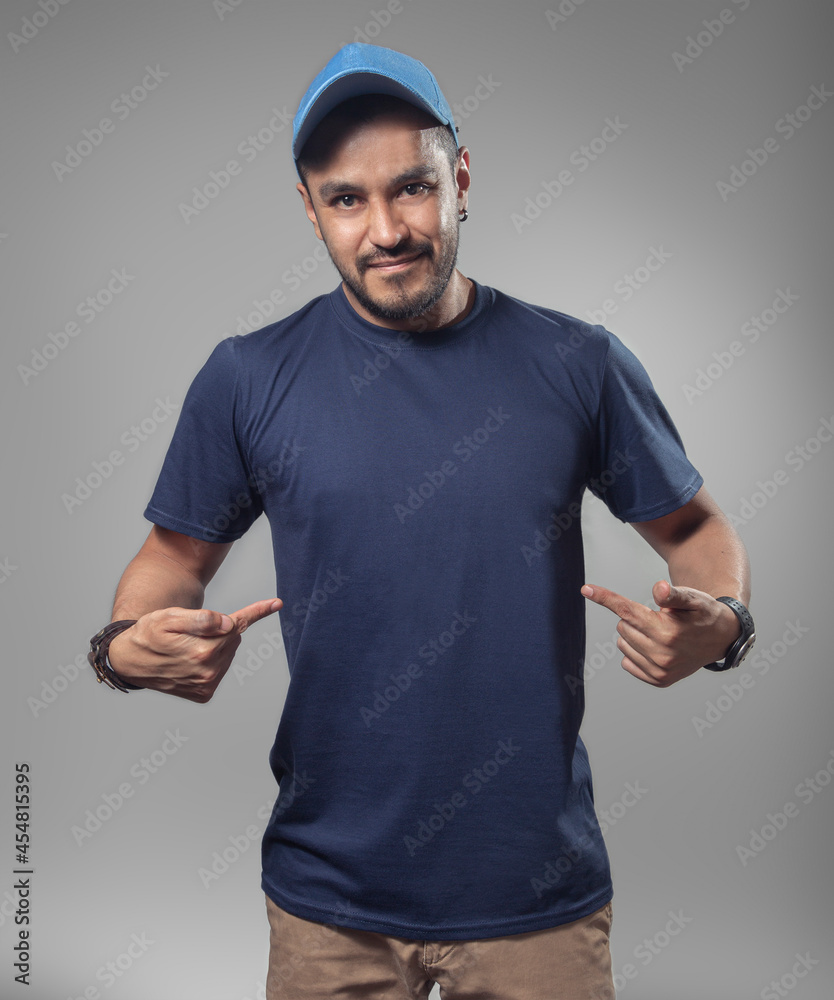 Mockup of male latin hispanic model wearing a navy blue t-shirt and ...