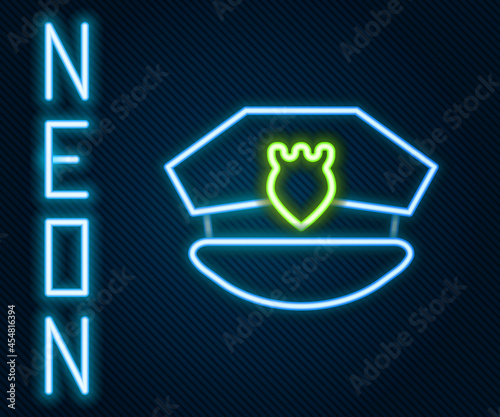 Glowing neon line Police cap with cockade icon isolated on black background. Police hat sign. Colorful outline concept. Vector