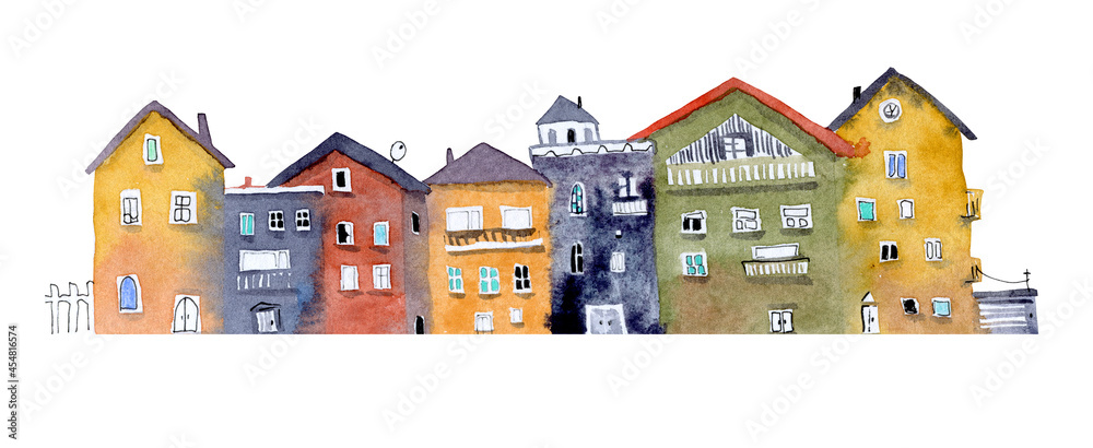Houses illustration. Street view with colourful houses. 