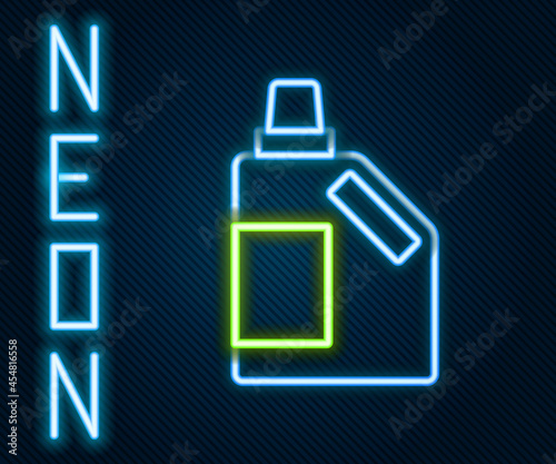 Glowing neon line Plastic bottle for laundry detergent, bleach, dishwashing liquid or another cleaning agent icon isolated on black background. Colorful outline concept. Vector