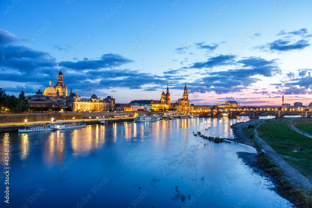 Dresden Frauenkirche church skyline Elbe old town panorama in Germany at night copyspace copy space