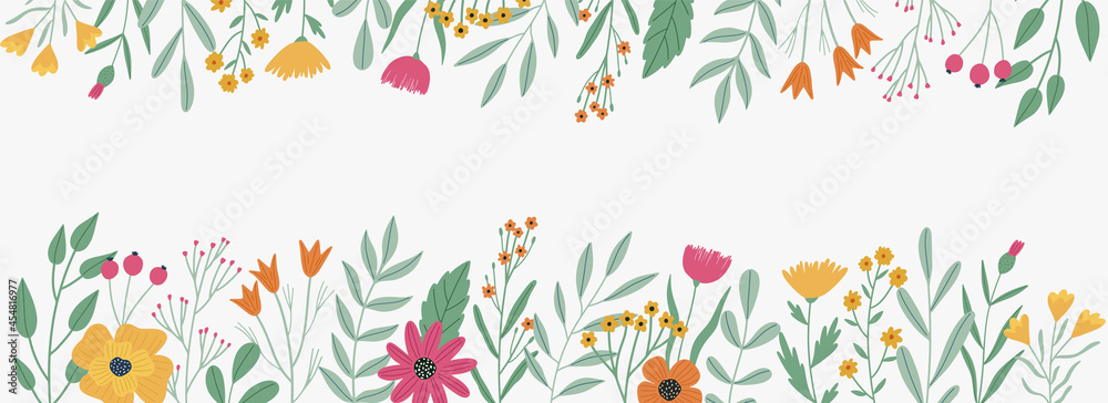 Floral botanical border or backdrop with colorful  flowers and leaves. Banner or postcard template. Vector illustration