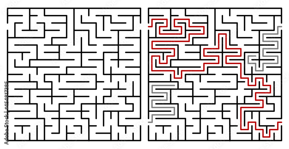 Abstract maze. Find right way. Isolated simple square maze black line on white background. Vector illustration. Abstract maze. Find right way. Isolated simple square maze black line on white background. Vector illustration.