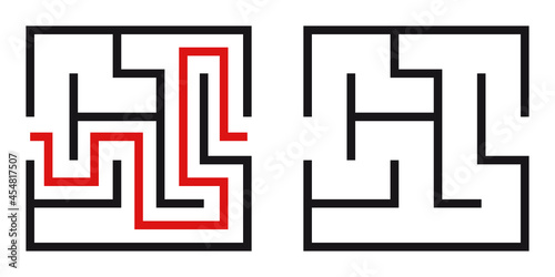 Abstract maze. Find right way. Isolated simple square maze black line on white background. Vector illustration.