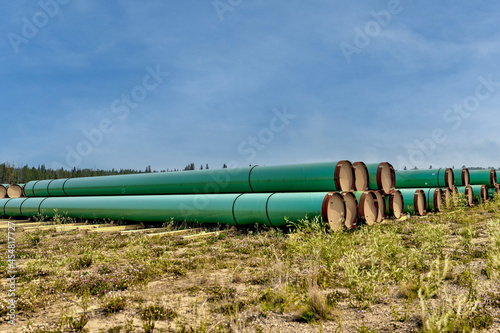 Pipe lengths for a crude oil pipeline in a storage yard in Alberta