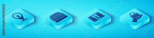 Set Isometric Cafe and restaurant location, Burger, Online ordering and delivery and Online ordering and delivery icon. Vector