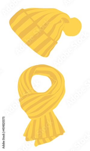 Vector design in flat style with warm knitted hat and scarf. Clothes for the cold season. Seasons - Autumn, Spring, Summer. New Year's and Christmas.