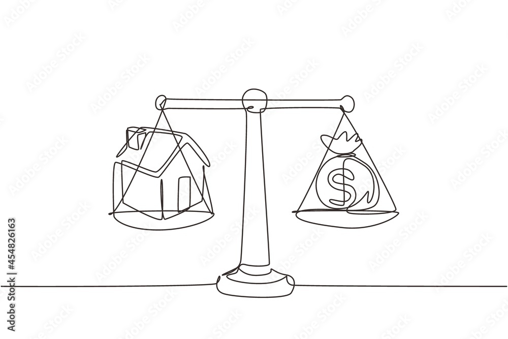 Single one line drawing house money sack scales concept with house on one side and sack of money on the other. Sale and purchase concept. Modern continuous line draw design graphic vector illustration Single one line drawing house money sack scales concept with house on one side and sack of money on the other. Sale and purchase concept. Modern continuous line draw design graphic vector illustration