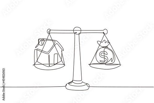 Single one line drawing house money sack scales concept with house on one side and sack of money on the other. Sale and purchase concept. Modern continuous line draw design graphic vector illustration